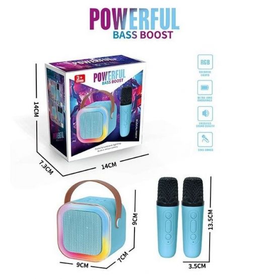 Караоке K 12-4 (48/2) 2 мікрофони, вбудований акумулятор, Bluetooth, слот для TF-Card, роз’єм type-С, AUX, зміна голосу, мінус, регулювання гучності 