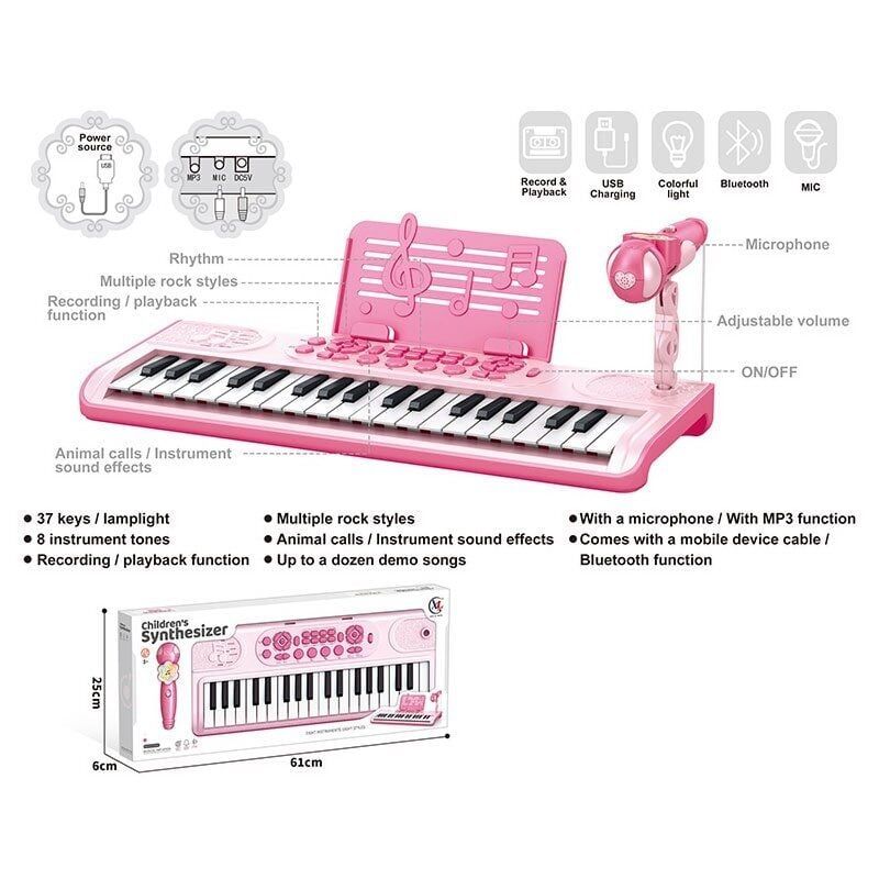Синтезатор 6652 37 клавіш, мікрофон, вбудований акумулятор, Bluetooth, звуки тварин та інструментів, мелодії, 3 AUX-роз'єми, USB-AUX функція запису