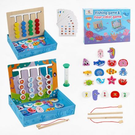 Дерев’яна логічна гра C 68293 (20) 2в1: four color game та магнітна риболовля, пісочний годинник, 2 вудки, картки із завданнями 