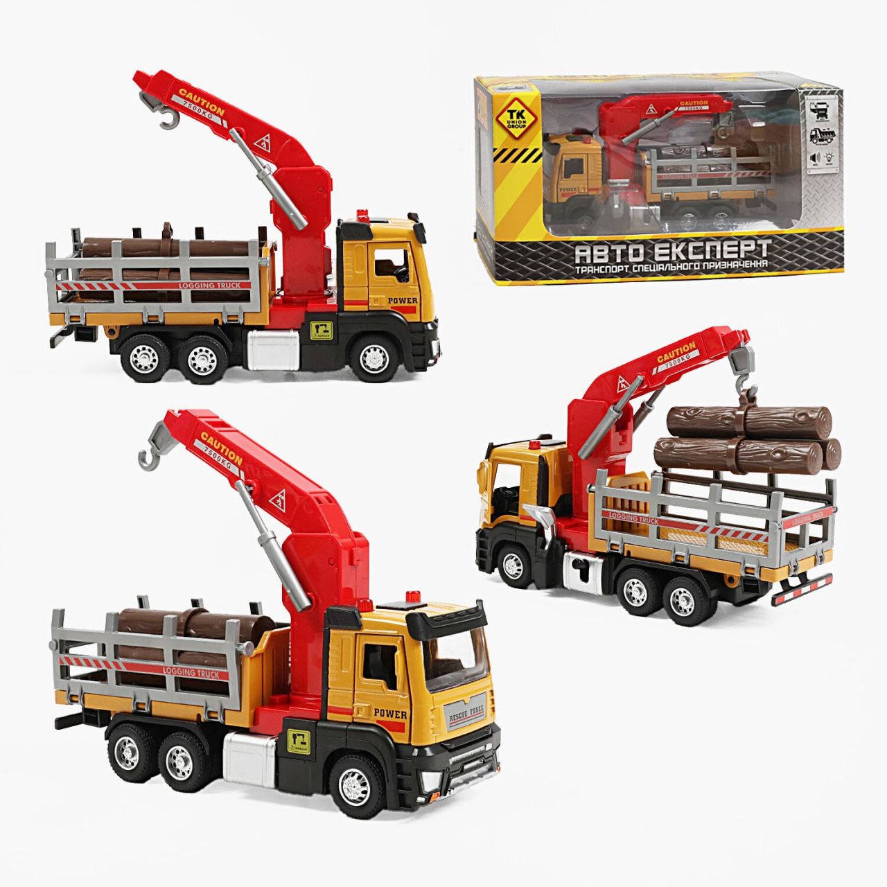 Спецтехніка LS-3774-86 (60/2) "Самоскид з краном", металопластик, масштаб: 1:32, інерція, підсвічування, звук, рухомий кузов, обертовий кран з гаком