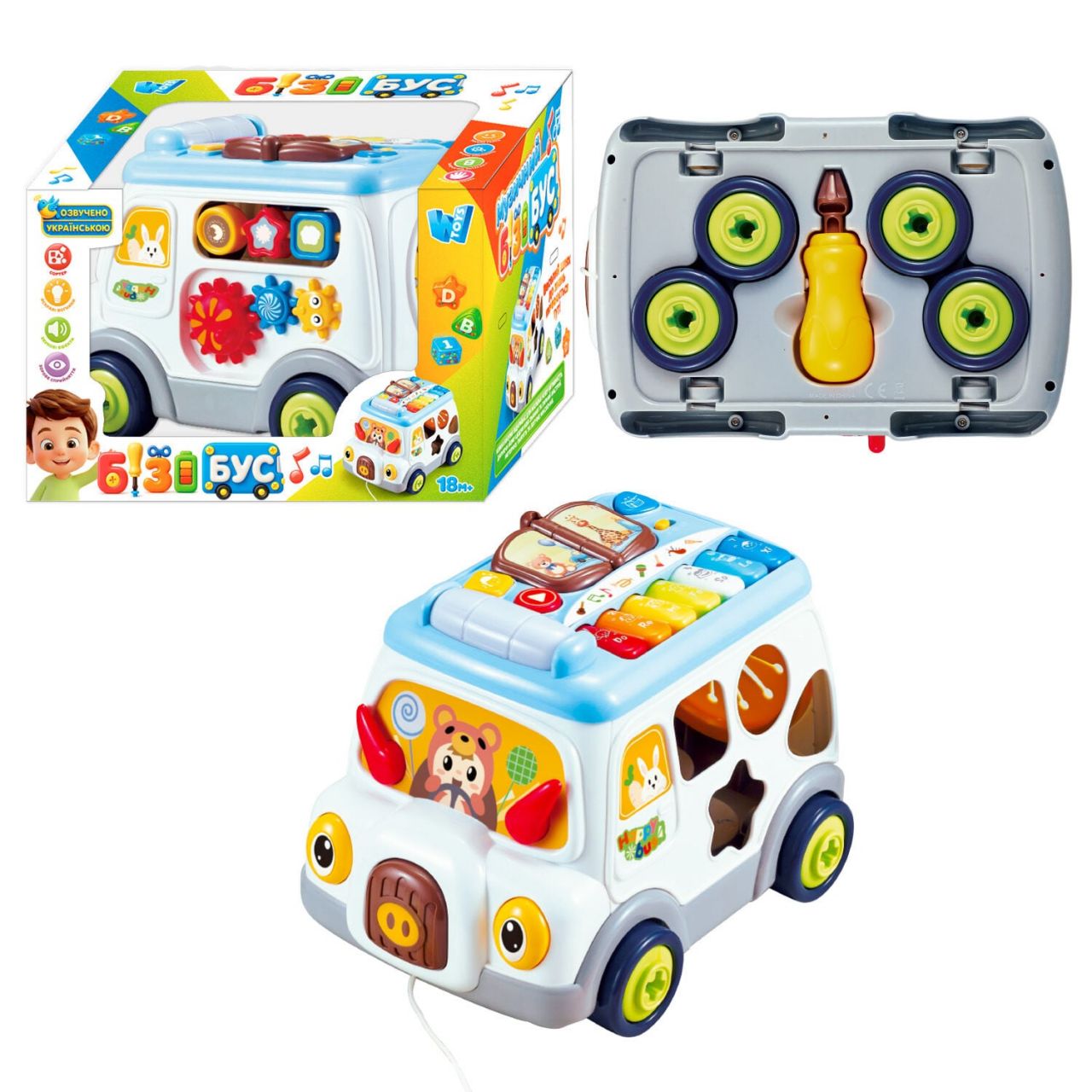Музичний бізібус 45585 (12) “WToys”, 2 види, ОЗВУЧУВАННЯ УКРАЇНСЬКОЮ МОВОЮ, каталка, підсвічування, пісні, ноти, мелодії