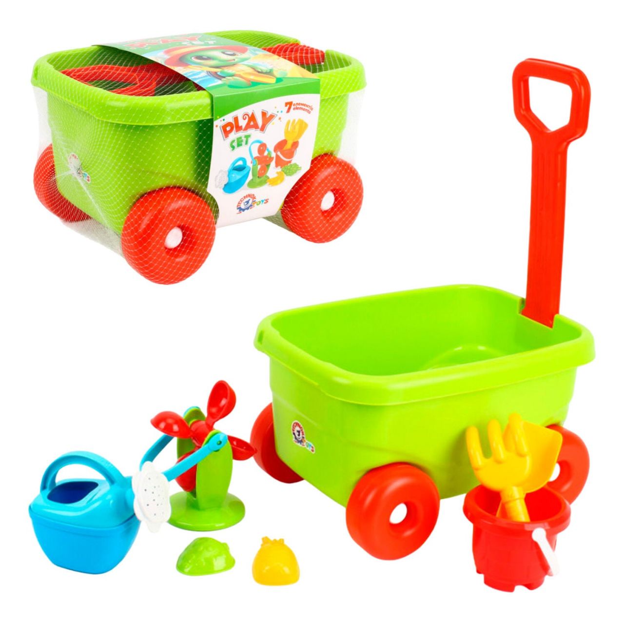 Набір для гри з піском 1409 (2) "Technok Toys", візочок, граблі, лопатка, млин, лійка, 2 форми