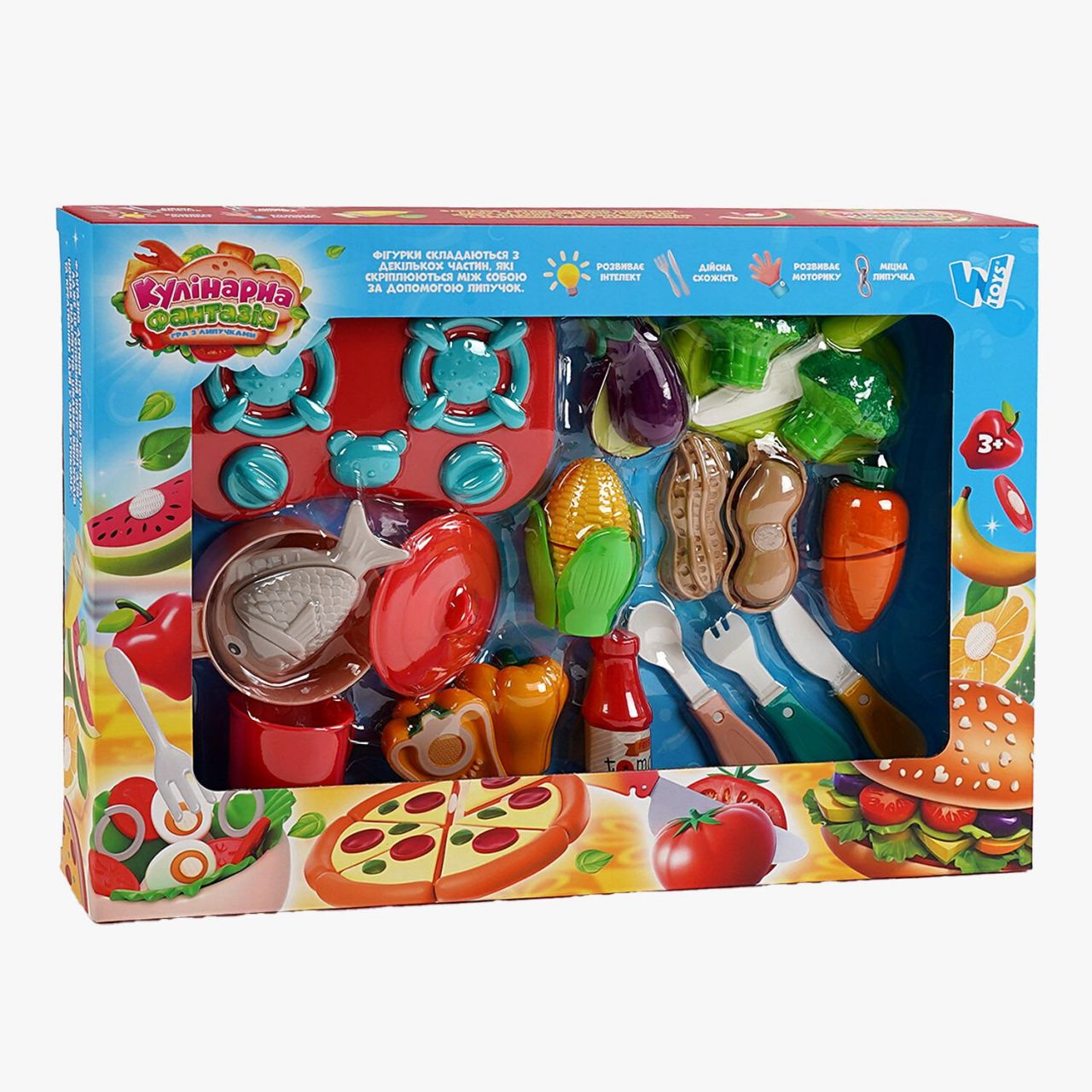 Набір продуктів “Кулінарна фантазія” 10385 (36/2) “Wtoys”, 24 елементи, овочі та фрукти на липучках, варильна поверхня
