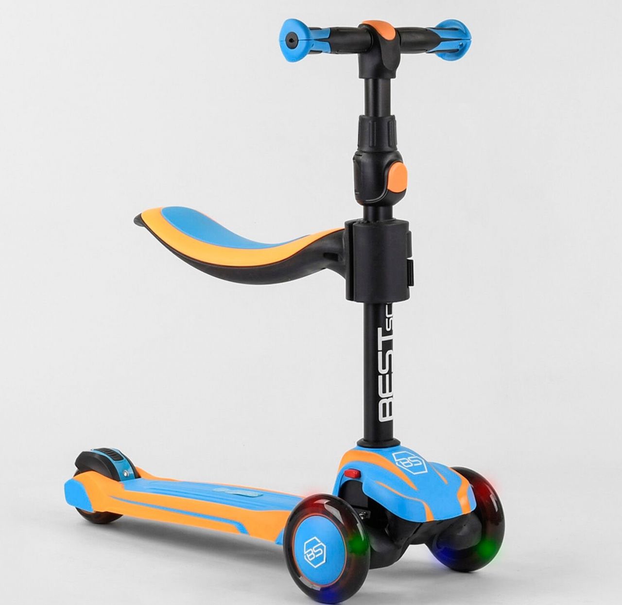 Самокат триколісний Best Scooter JS-30918 (4) з сидінням, алюмінієве кермо, 3 колеса PU зі світлом