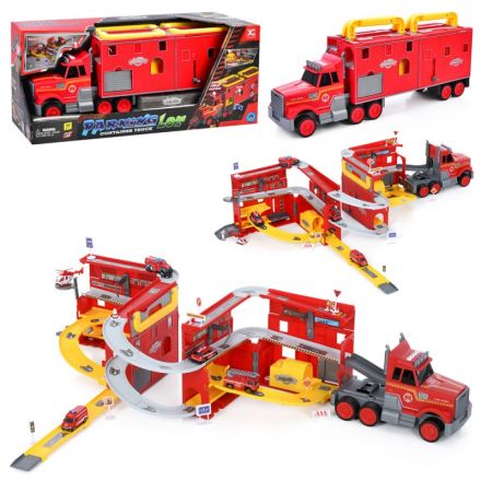 Гараж XG879-121 2в1 (трейлер), транспорт,1:64, дорож.знаки,муз.,світло