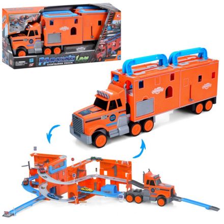 Гараж XG879-123 2в1 (трейлер), транспорт,1:64, дорож.знаки,муз.,світло