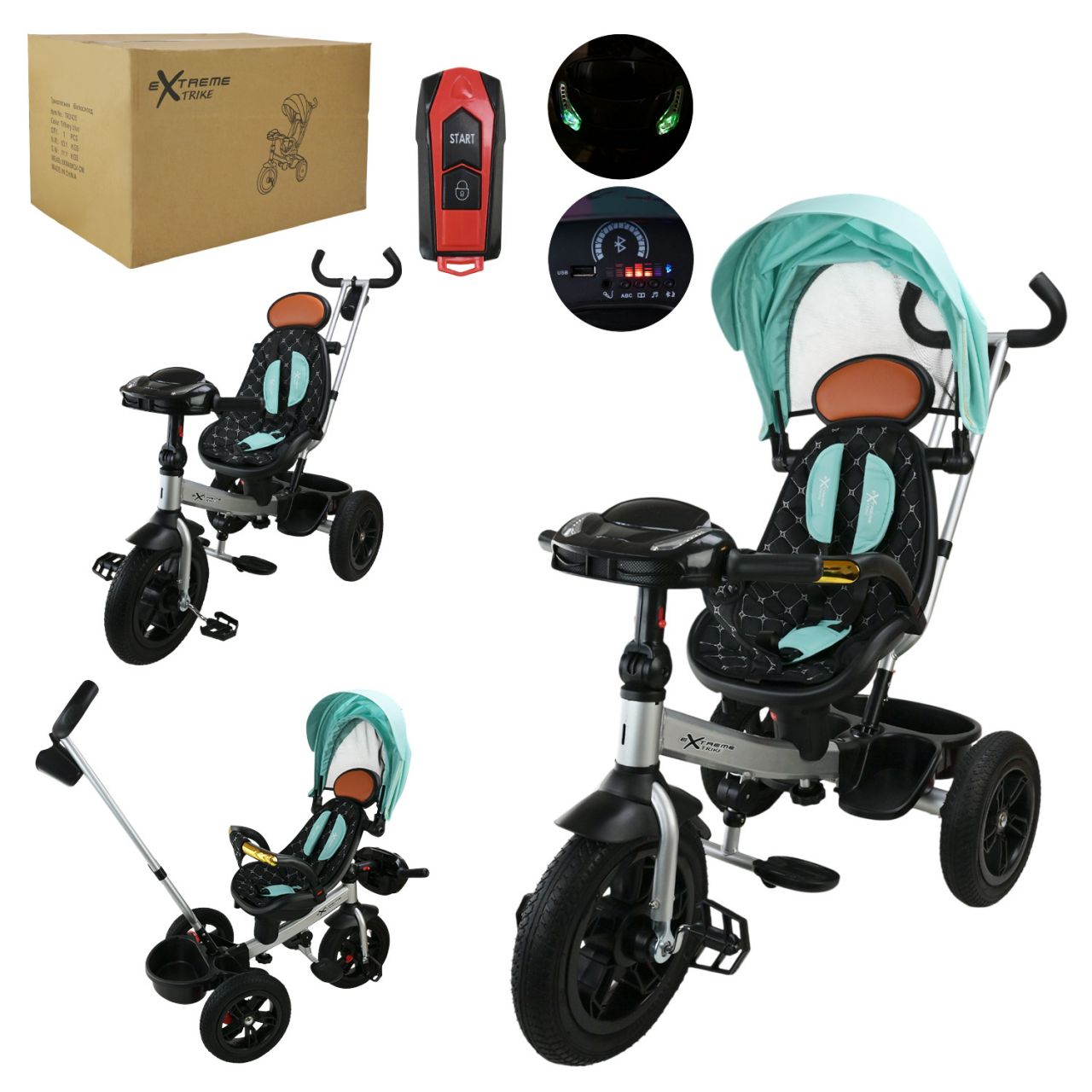 Велосипед 3-х колісний арт. TR2405 гумові колеса 12'' і 10'' пультом bluetooth підключення, батар., звук, світло, з батьківскою ручкою та дахом
