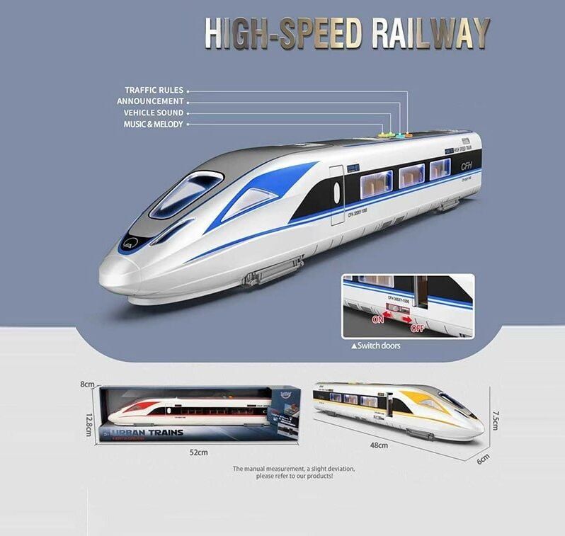 Потяг HT 9903 W (48) 3 види, довжина 48 см, двері відчиняються, інерція, озвучування англійською мовою, звуки, пісні, на батарейках, підсвічування